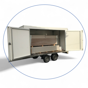 Sidehengslete sidedører skaphenger VENSTRE sett bakfra montert på NY Tredal henger